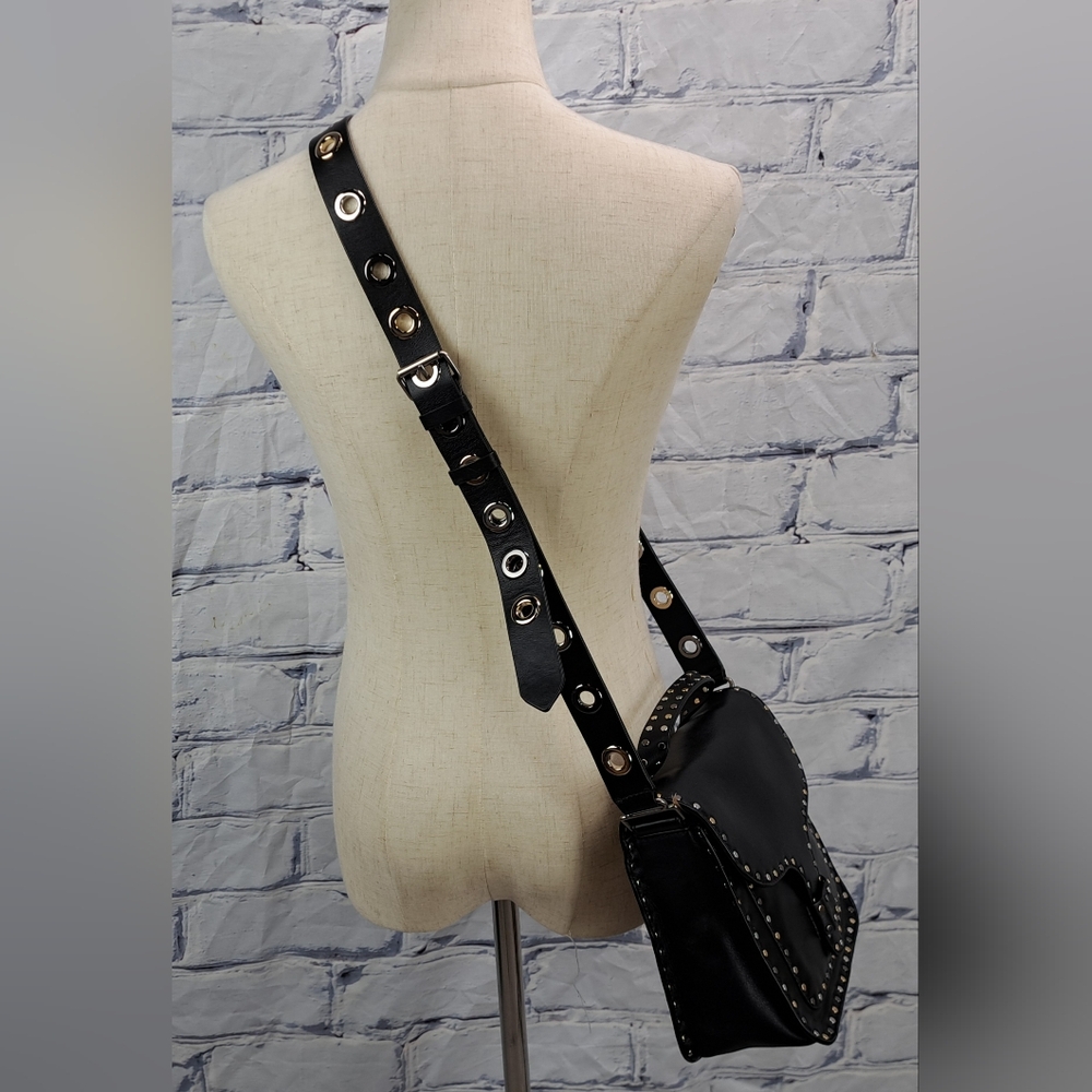 Rebecca Minkoff Midnighter Black Leather Crossbody Messenger Bag Metal Studs - Picture 14 of 15